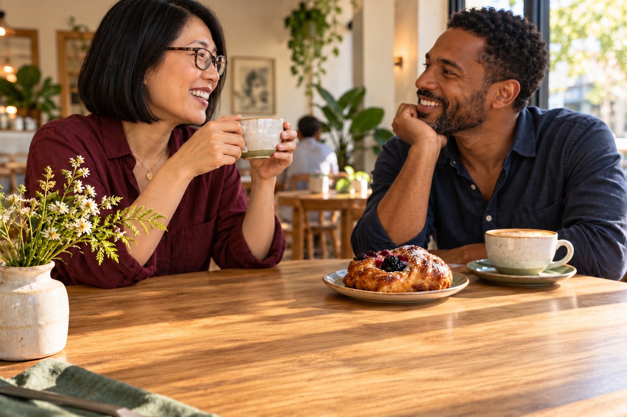 Two friends enjoying a visit to their neighbourhood café